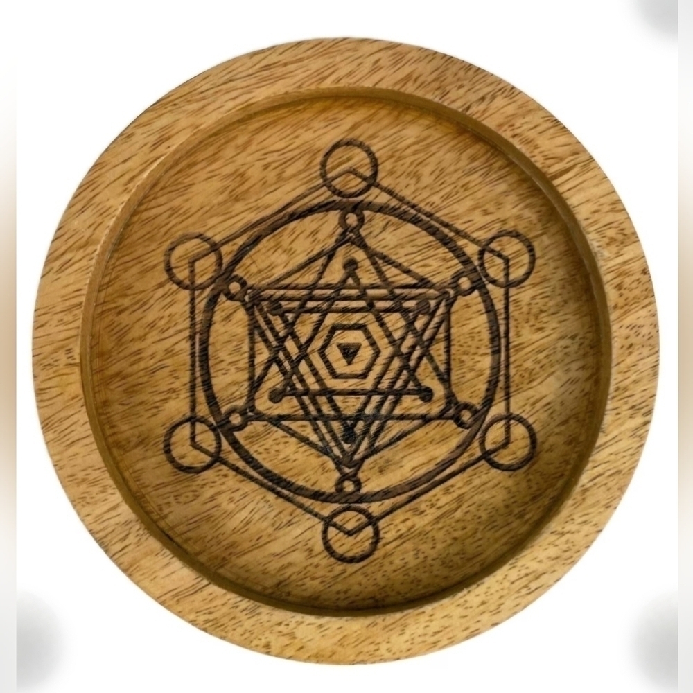 NWT, Wood Tray with Engraved Metatron - Mango Wood, Crystal Grid, 6"